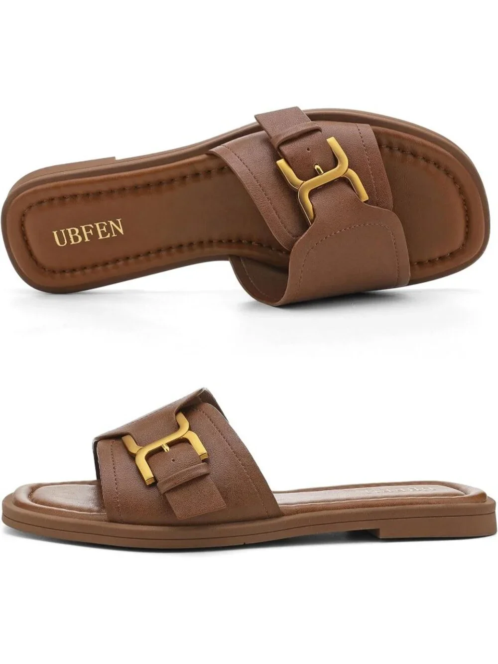 Women's Brown Square Toe Flat Sandals Slides Dressy Comfortable for Beach